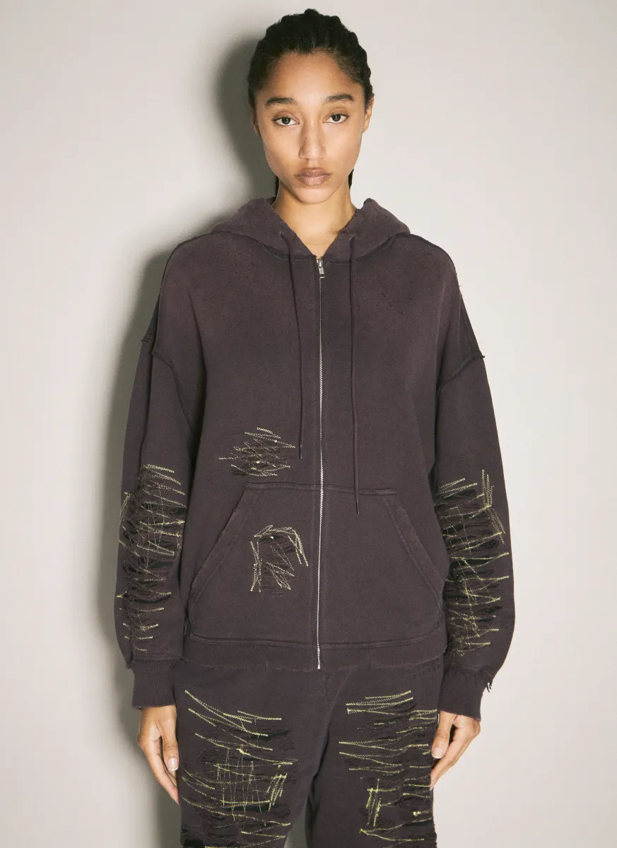 Distressed Zip-Up Sweatshirt