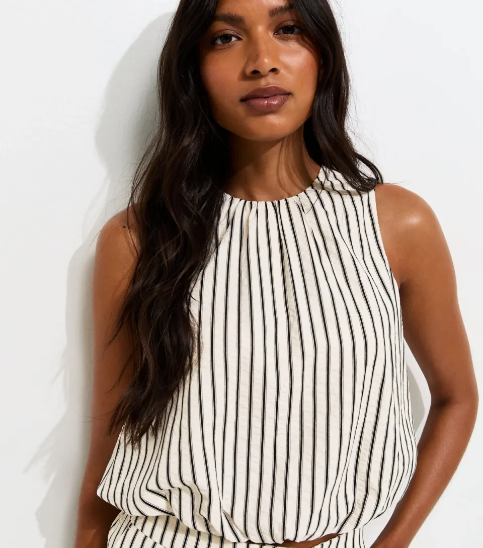 Women's Cream Striped Sleeveless Bubble Hem Top
