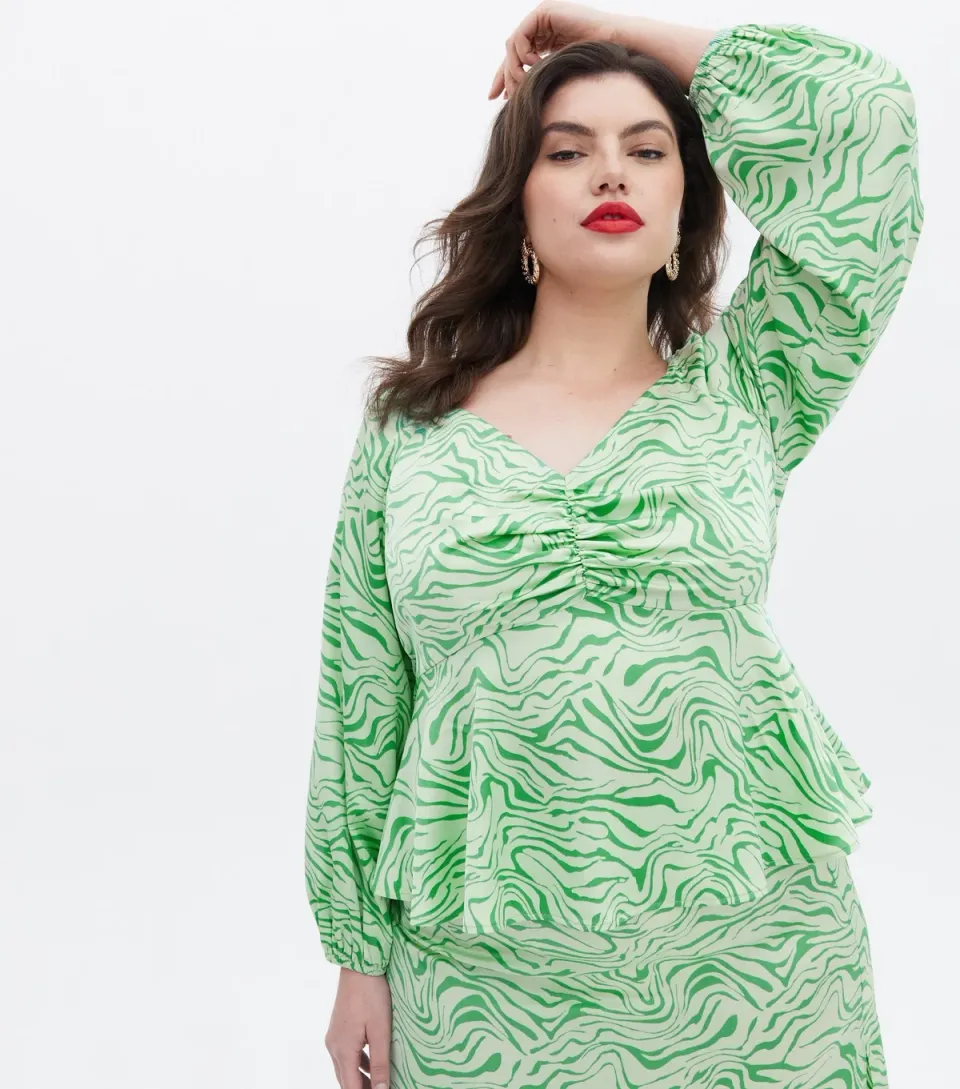 Women's Plus Size Green Zebra Print Satin Peplum Top Curves