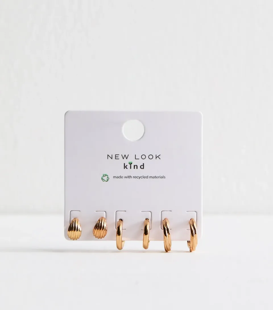 Gold Tone Pack of 3 Ribbed Hoop Earrings
