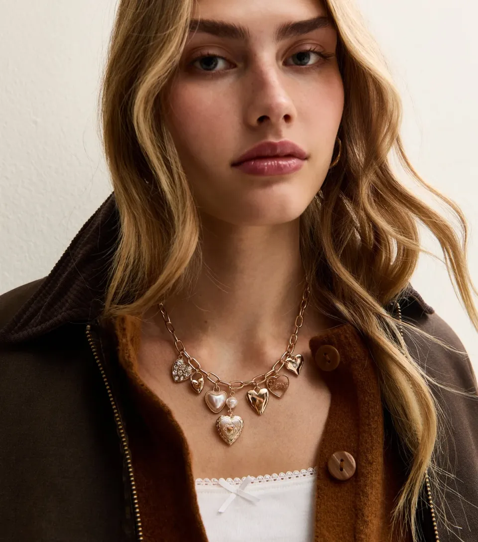 Gold Tone Embellished Heart Necklace