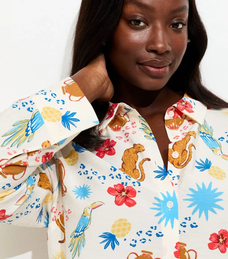 Women's Plus Size Cream Animal and Flower Print Shirt Curves