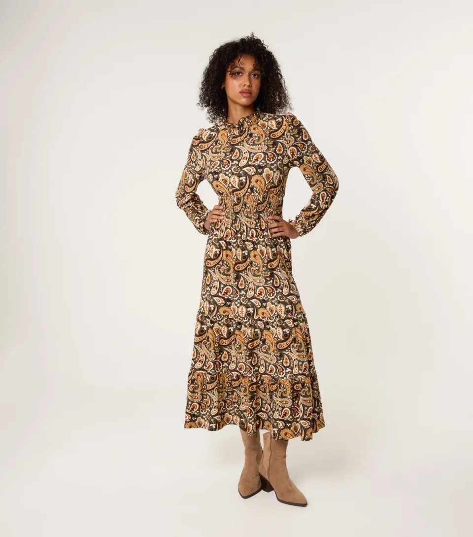 Women's Khaki Paisley Print High Neck Midi Dress
