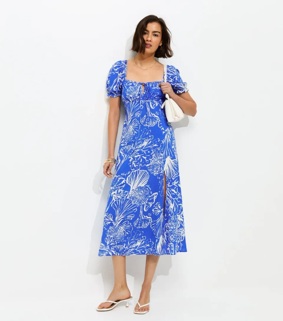 Women's Blue Sketchy Coral Print Slit Hem Midi Dress