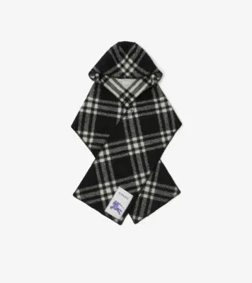 Check Wool Hooded Scarf in Black