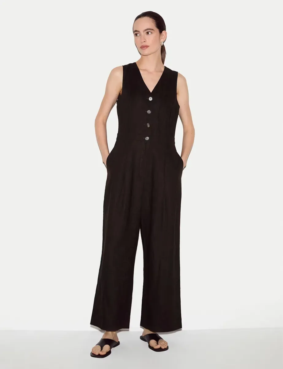 Pure Linen Waistcoat Jumpsuit Brown