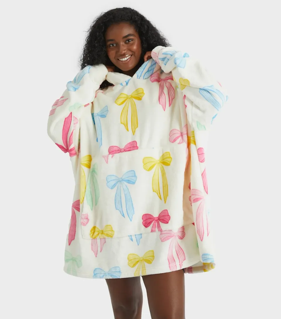 Women's White Bow Print Fleece Blanket Hoodie