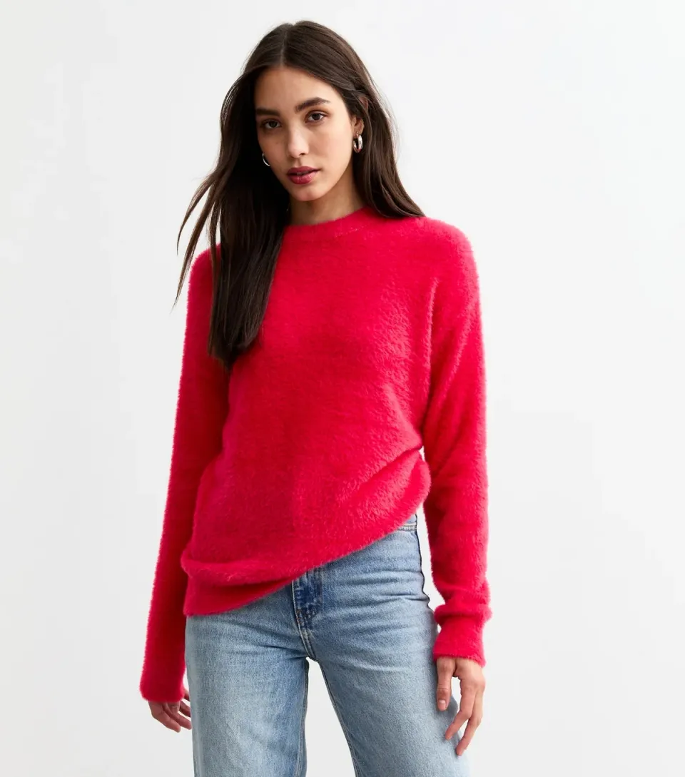 Women's Red Fluffy Knit Jumper