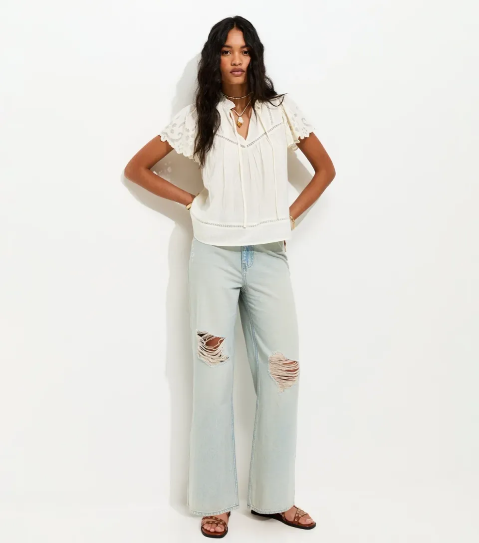 Women's Blue Ripped Knee Wide Leg Adale Jeans