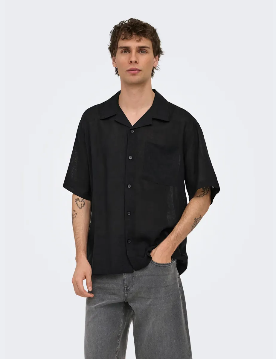 Relaxed Fit Linen Rich Short Sleeve Shirt Black