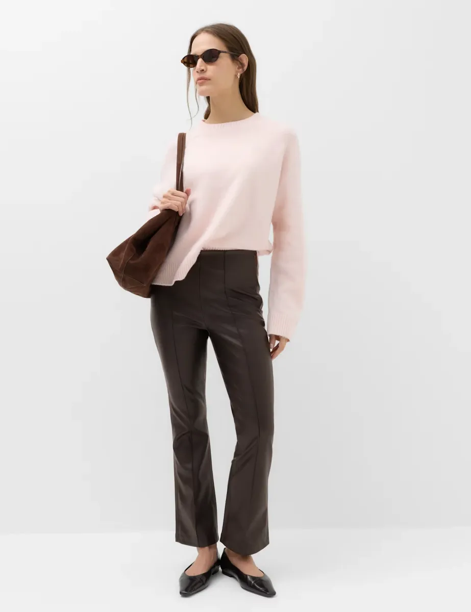 Faux Leather High Waisted Ankle Grazer Trousers Chocolate