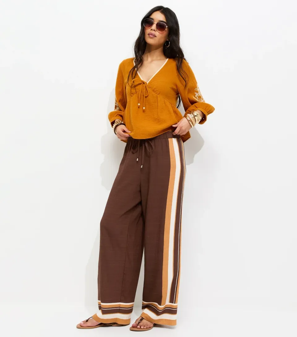 Women's Brown Border Stripe Wide Leg Trousers