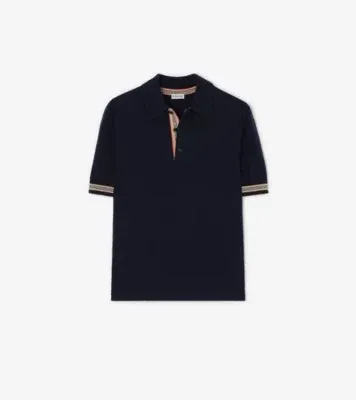 Icon Stripe Trim Wool Polo Shirt in Navy