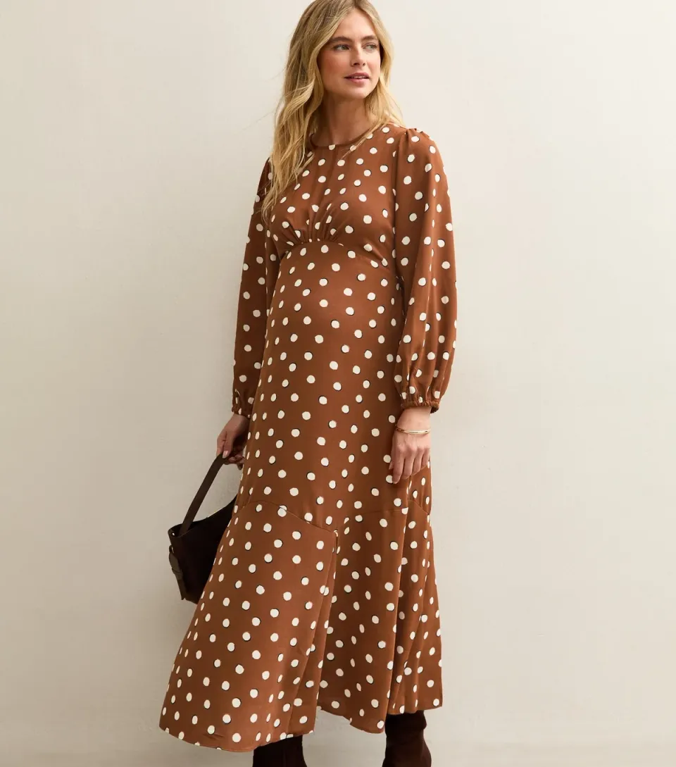 Women's Maternity Brown Polka Dot Godet Midi Dress