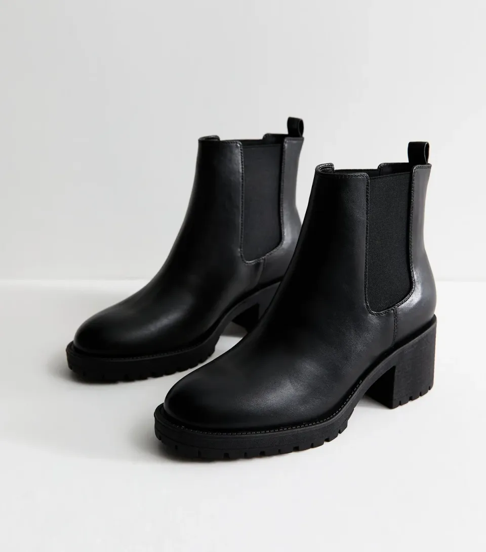 Women's Black Faux Leather Block Heel Chelsea Ankle Boots Vegan