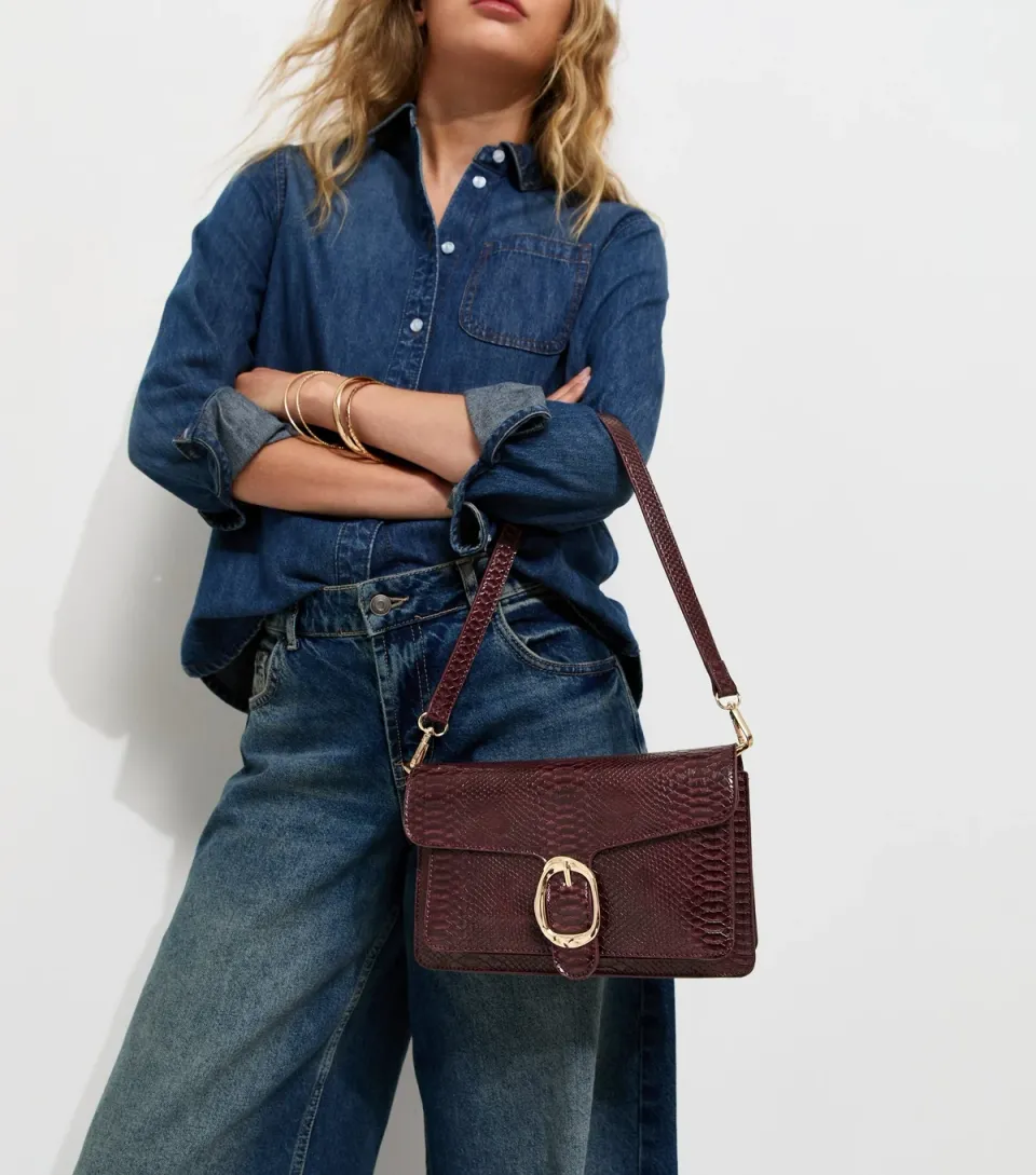 Dark Burgundy Faux Snakeskin Sculpted Buckle Shoulder Bag