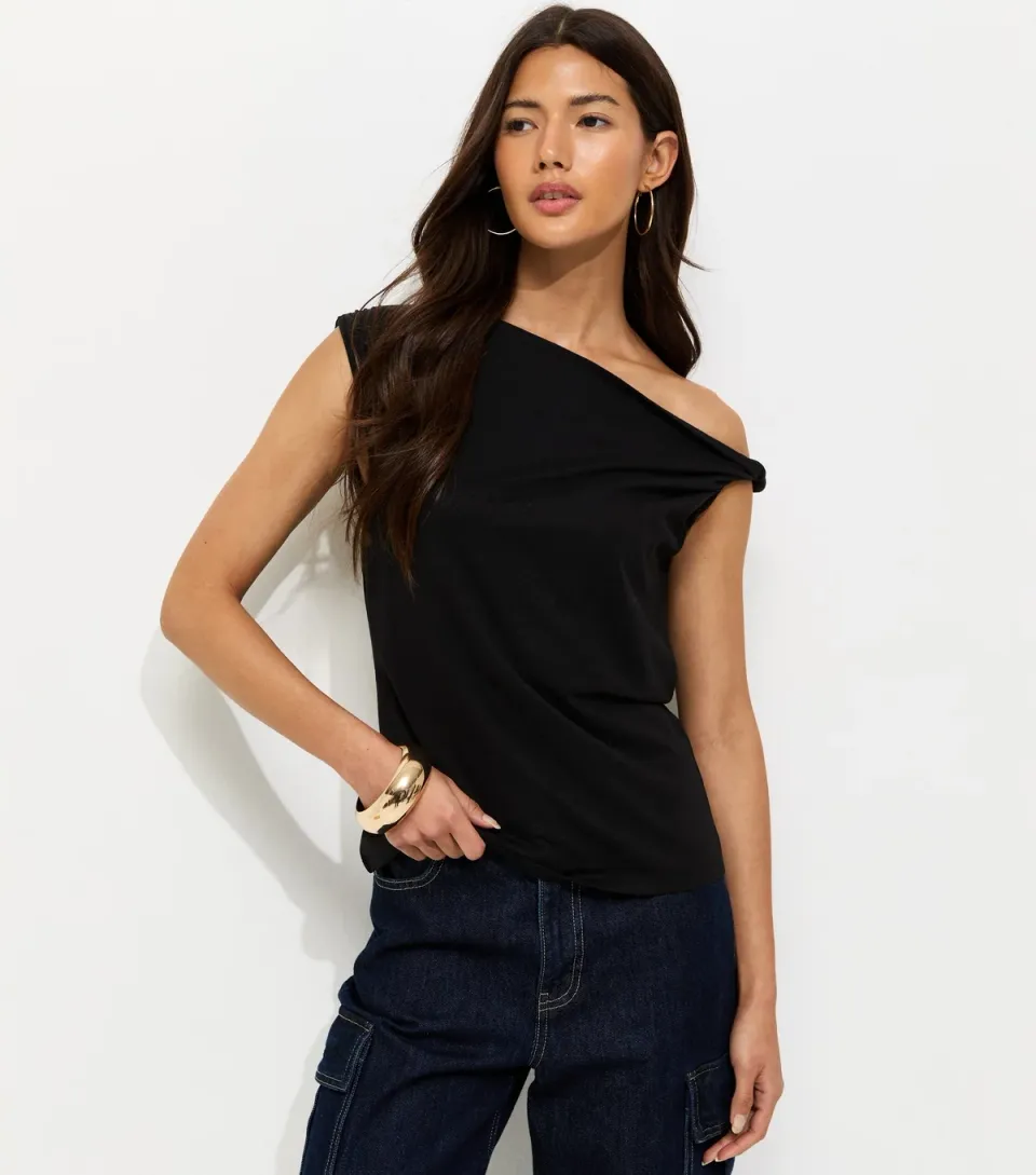 Women's Black Textured Twist Shoulder Top