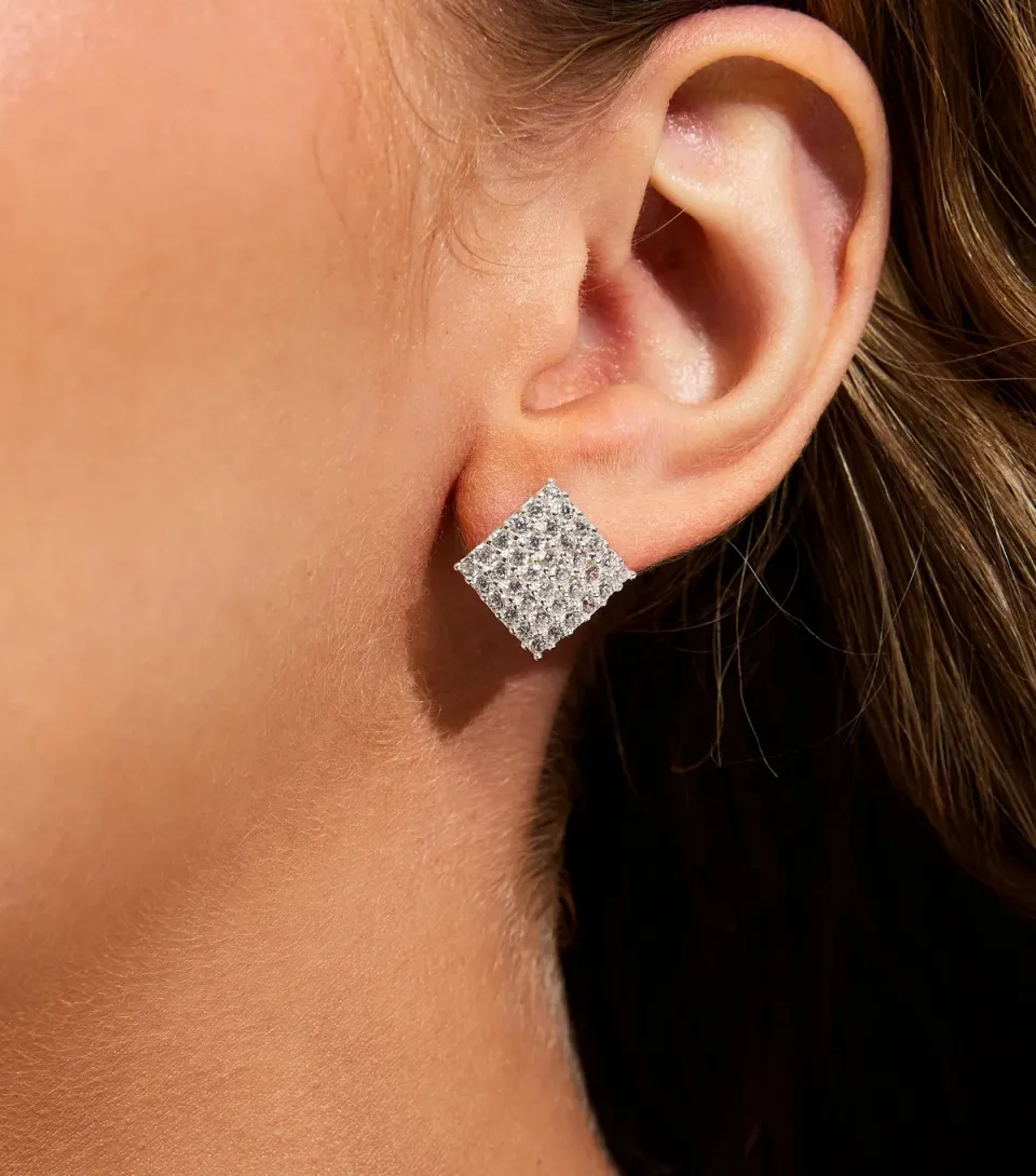 Silver Tone Large Square Diamante Stud Earrings