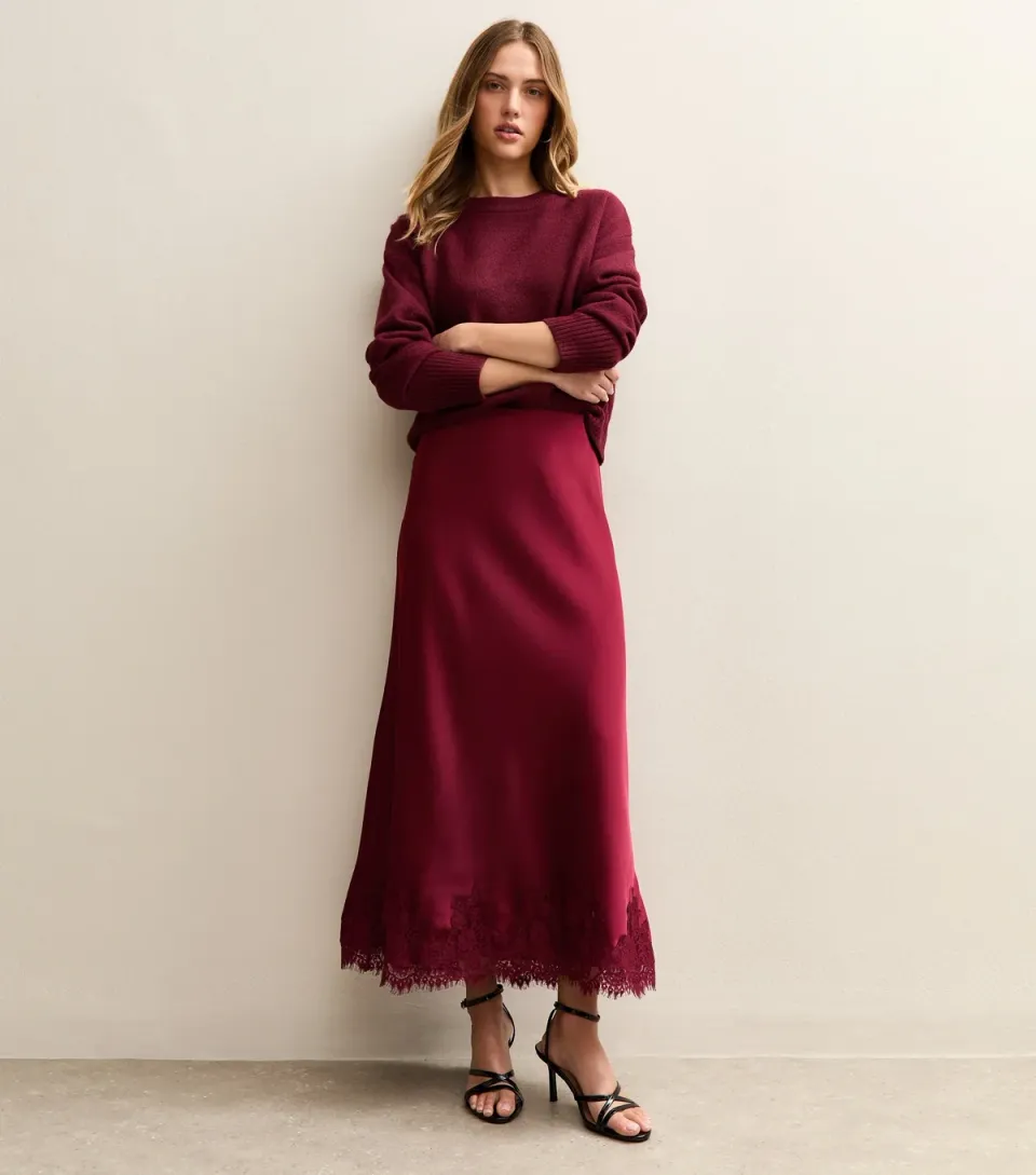 Women's Light Burgundy Contrast Lace Trim Satin Midaxi Skirt