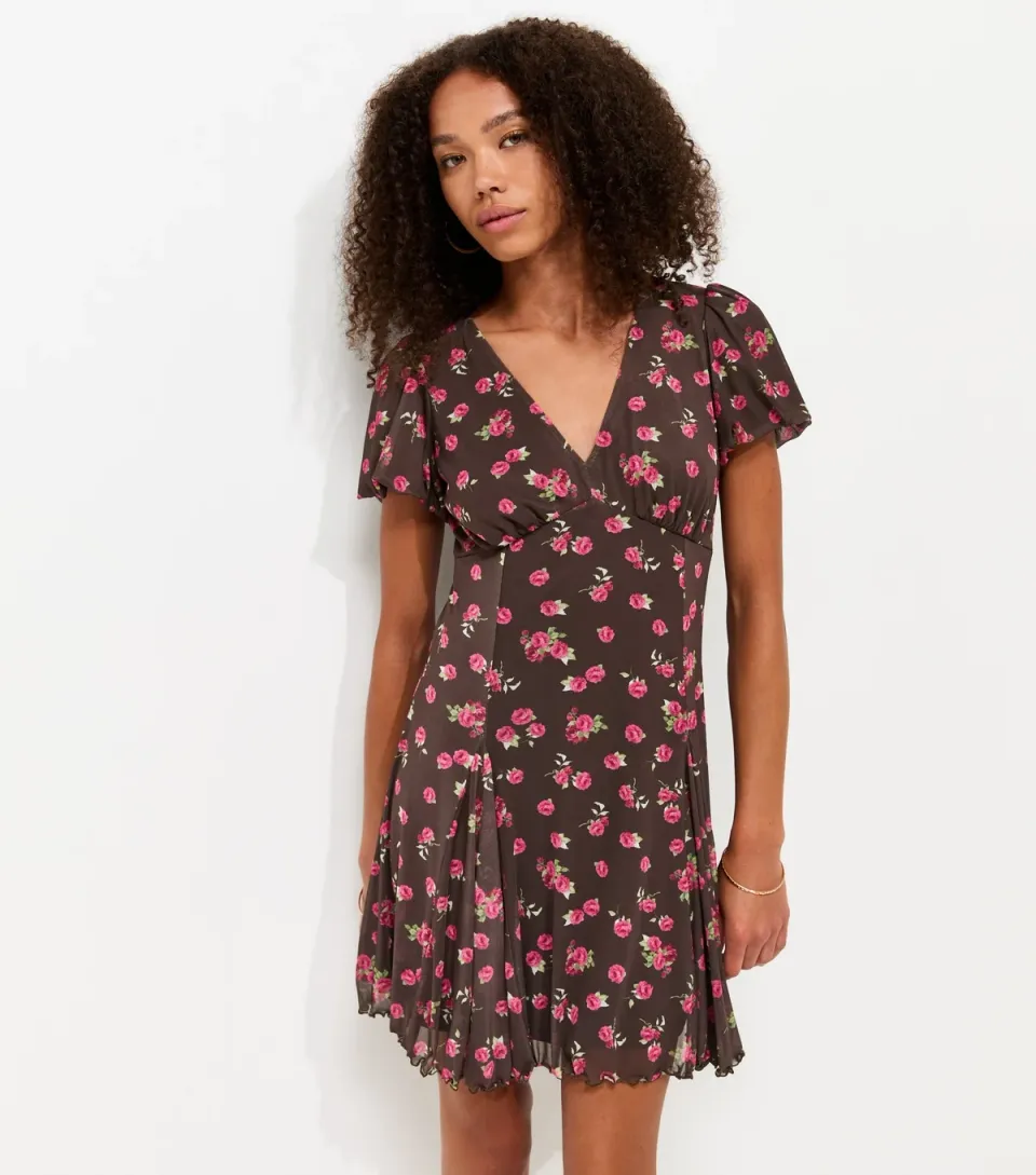 Women's Brown Floral Print V-Neck Mesh Mini Dress