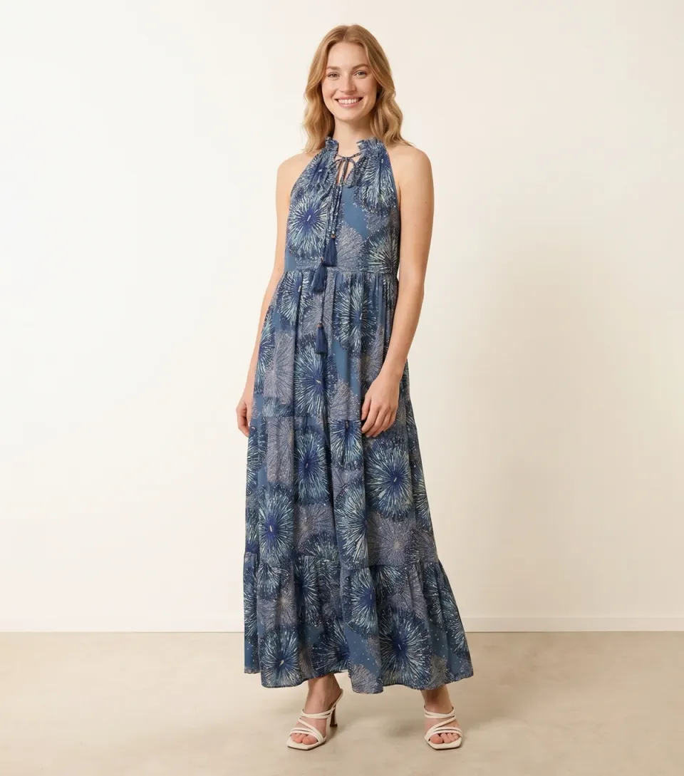 Women's Bright Blue Tiered Tie Neck Maxi Dress