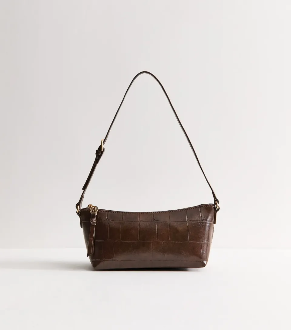 Dark Brown Faux Leather Baguette-Style Shoulder Bag