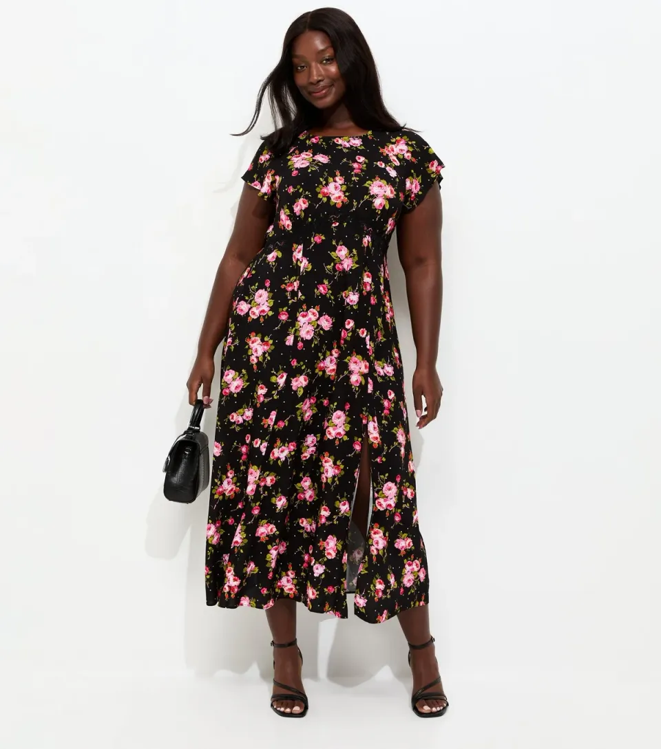 Women's Plus Size Black Floral Print Lace Trim Midi Dress Curves