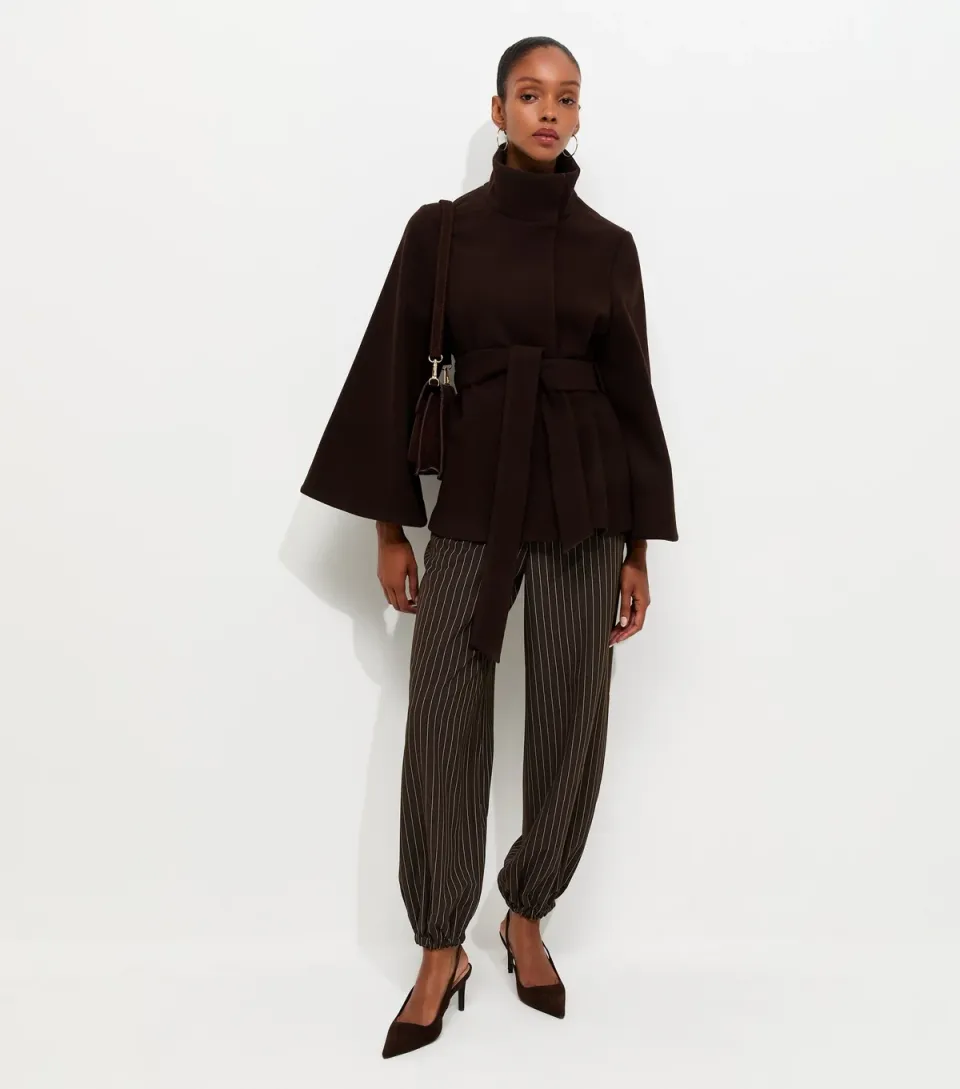 Women's Brown Pinstriped Tapered Cuffed Trousers
