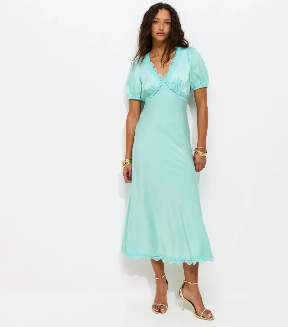 Women's Light Blue Satin Lace Trim Tea Midi Dress