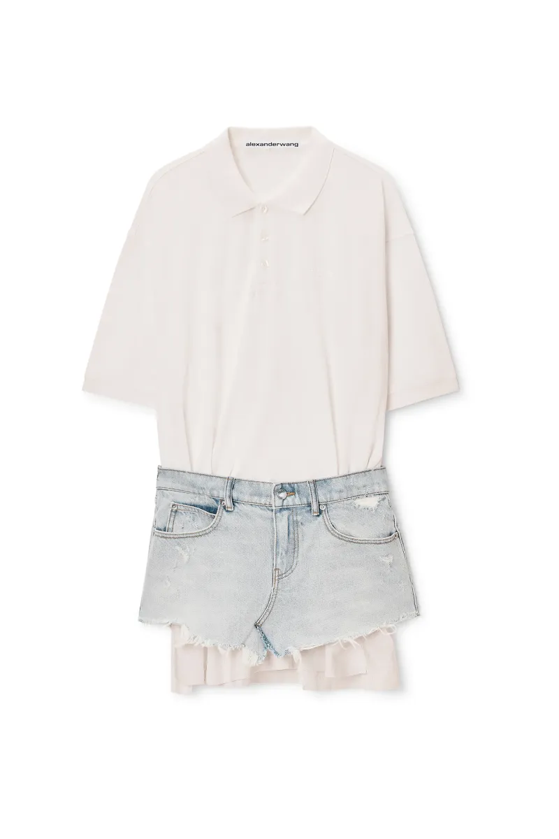 Layered Polo Mini Dress with Reconstructed Denim Skirt