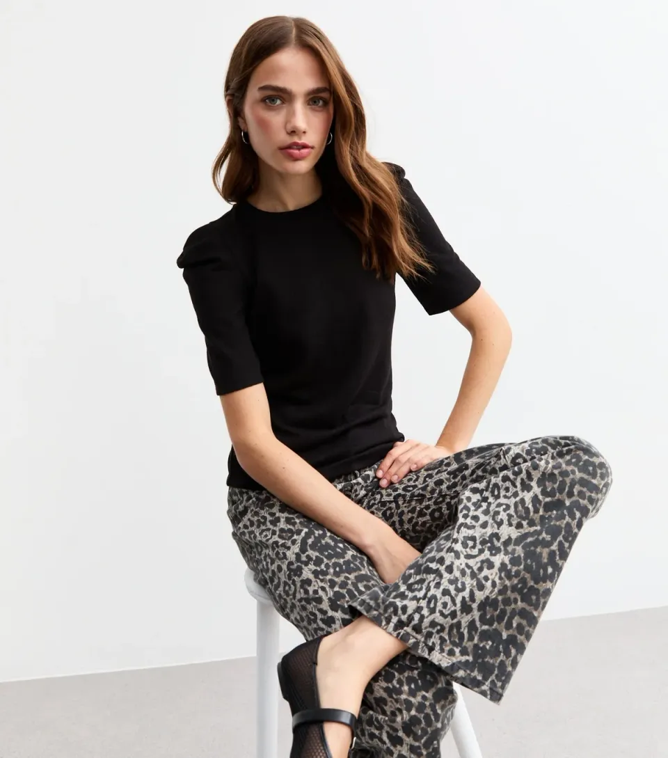 Women's Black Gathered Puff Sleeve Soft Touch Top