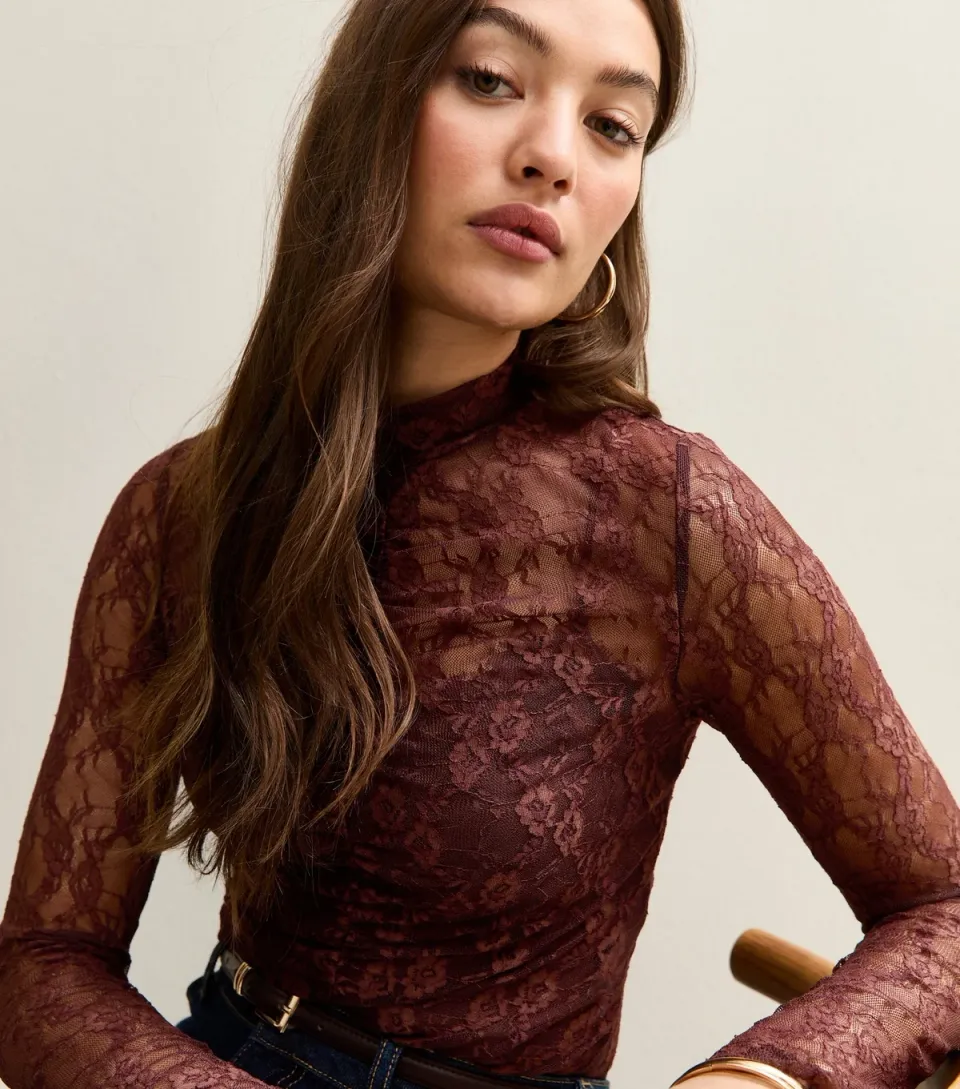 Women's Burgundy Ruched Sheer Unlined Lace Long Sleeve Bodysuit