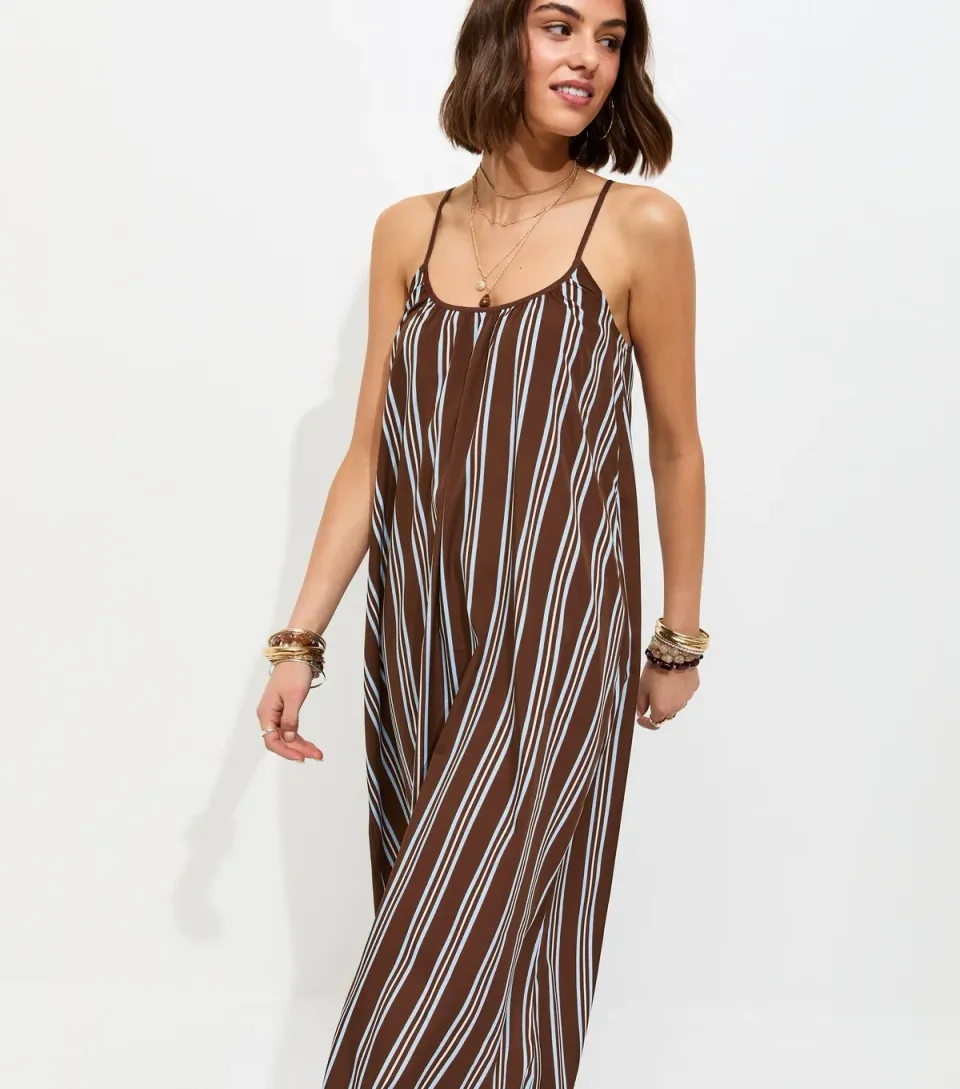 Women's Brown Stripe Crepe Cami Strap Maxi Dress