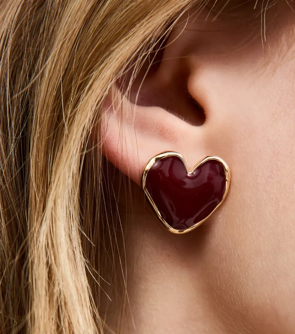 Gold Tone Burgundy Enamel Heart Gold Stud Earrings