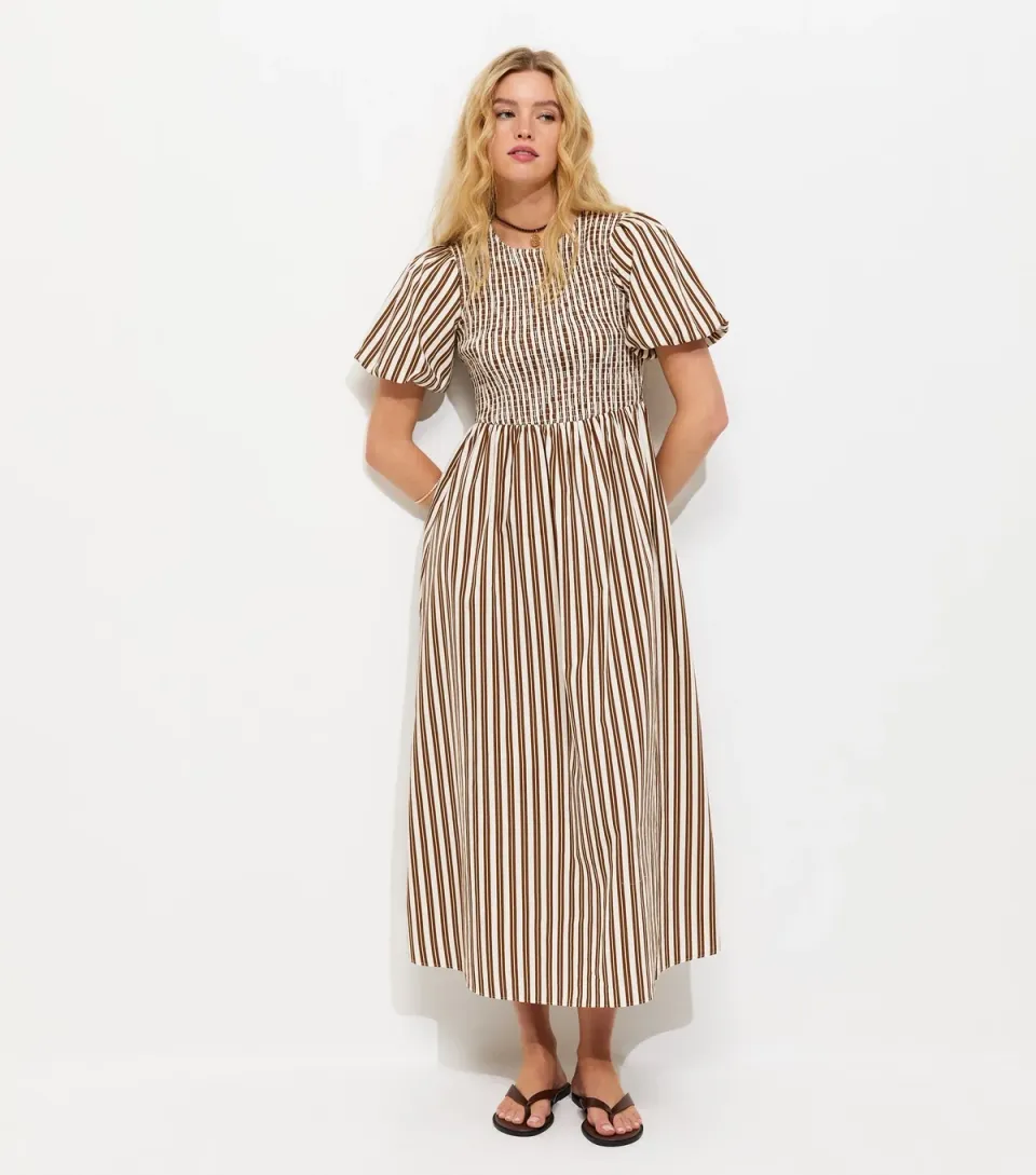 Women's Brown Striped Puff Sleeves Shirred Smock Midi Dress