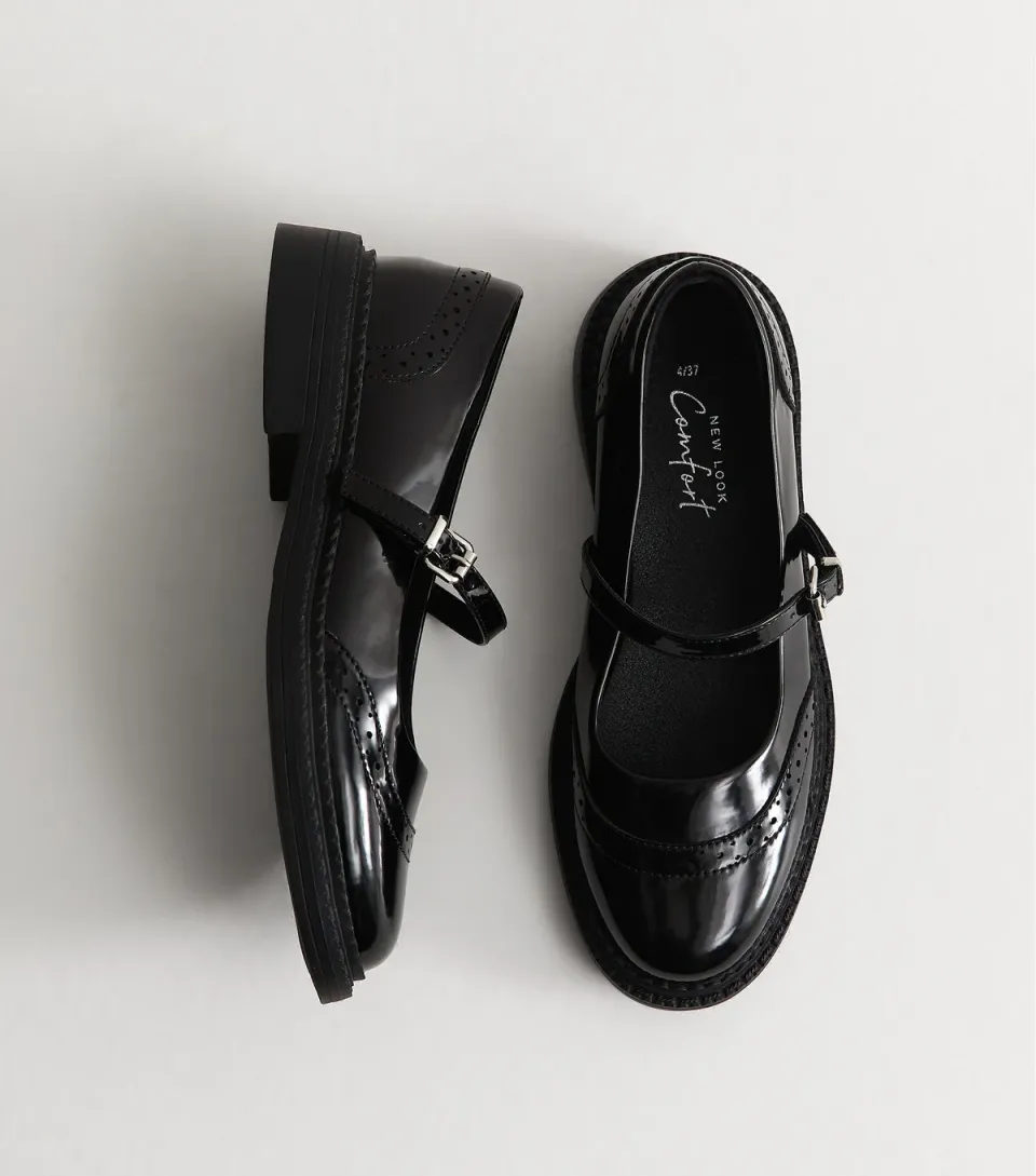Women's Black Patent Faux Leather Box Brogue Mary Jane Shoes Vegan
