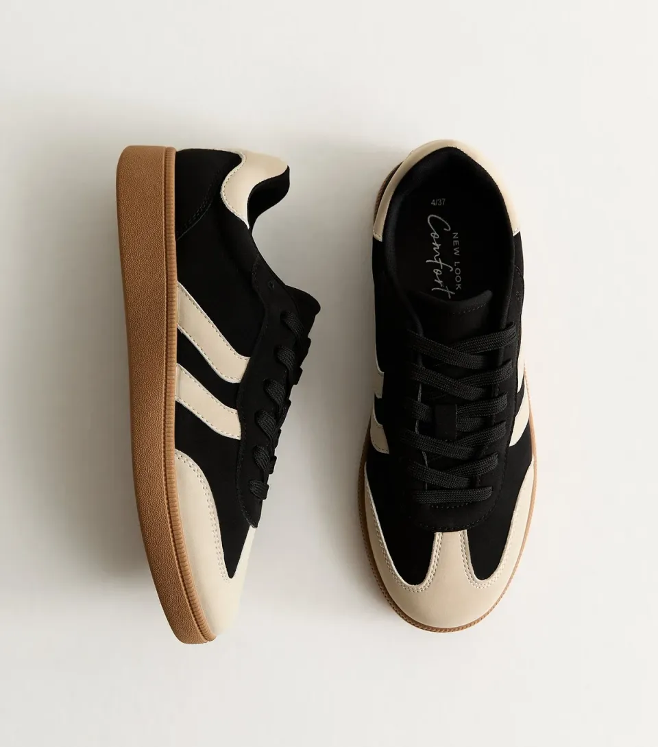 Women's Black Contrast Cream Faux Suede Gum Sole Trainer