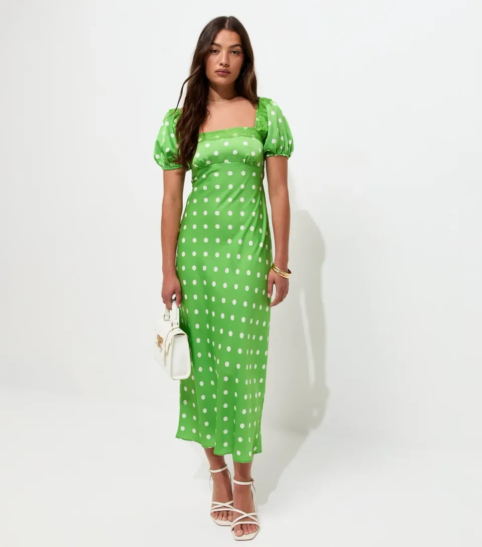 Women's Green Polka Dot Puff Sleeve Midi Dress