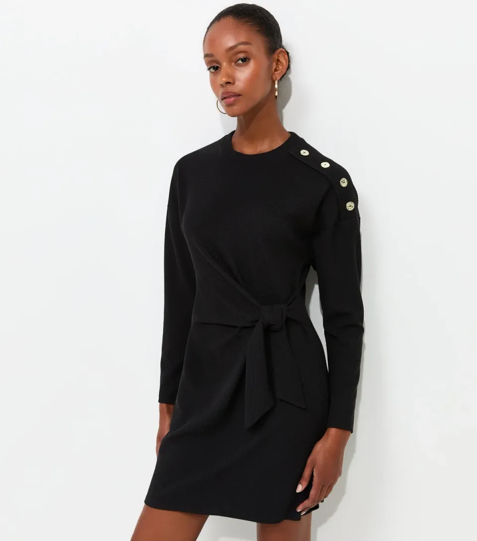 Women's Black Ribbed Long Sleeve Mini Dress