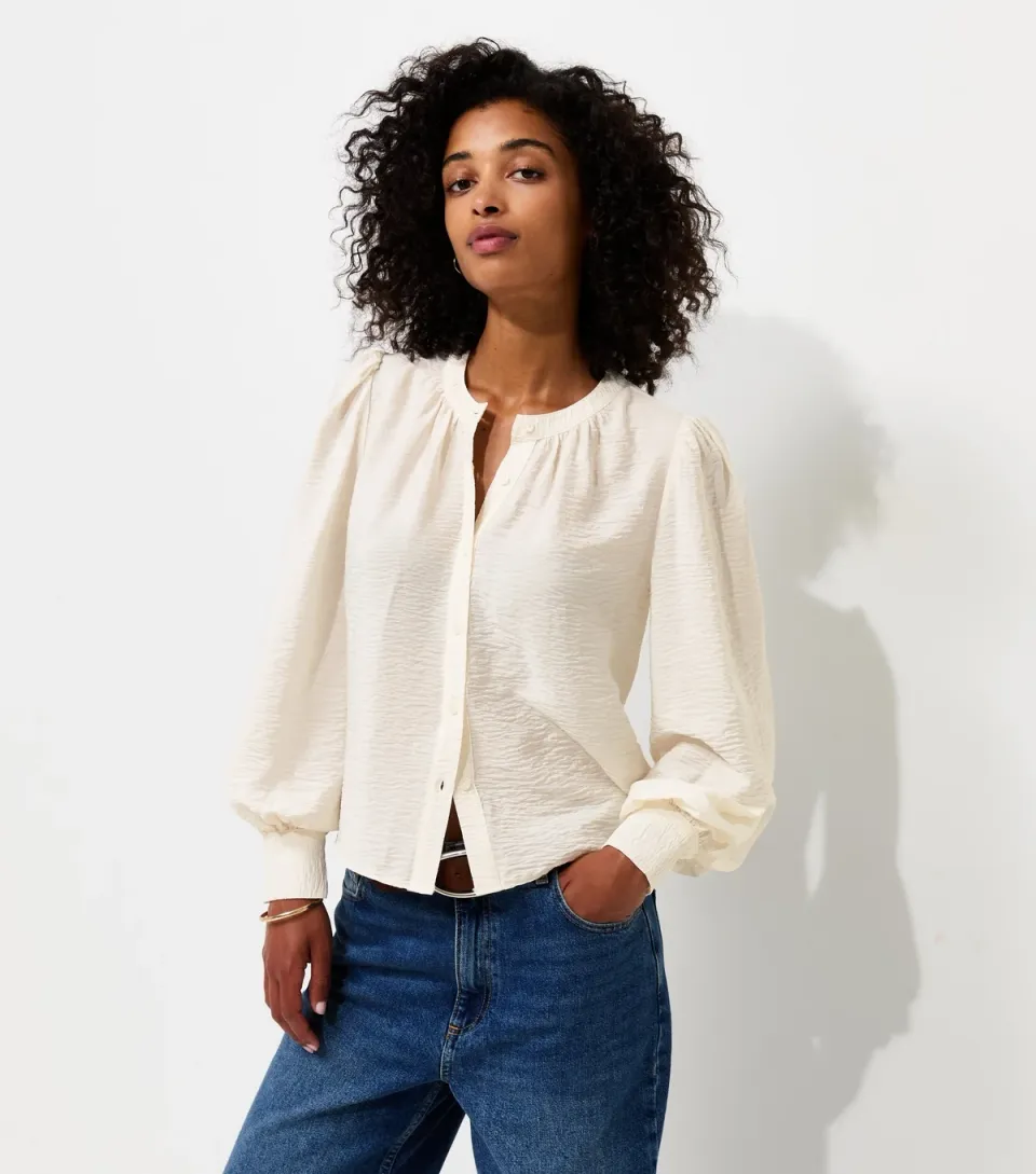 Women's Cream Crinkle Texture Grandad Collar Shirt