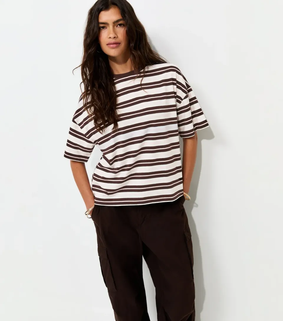 Women's Brown Cotton Striped Oversized Boxy T-Shirt