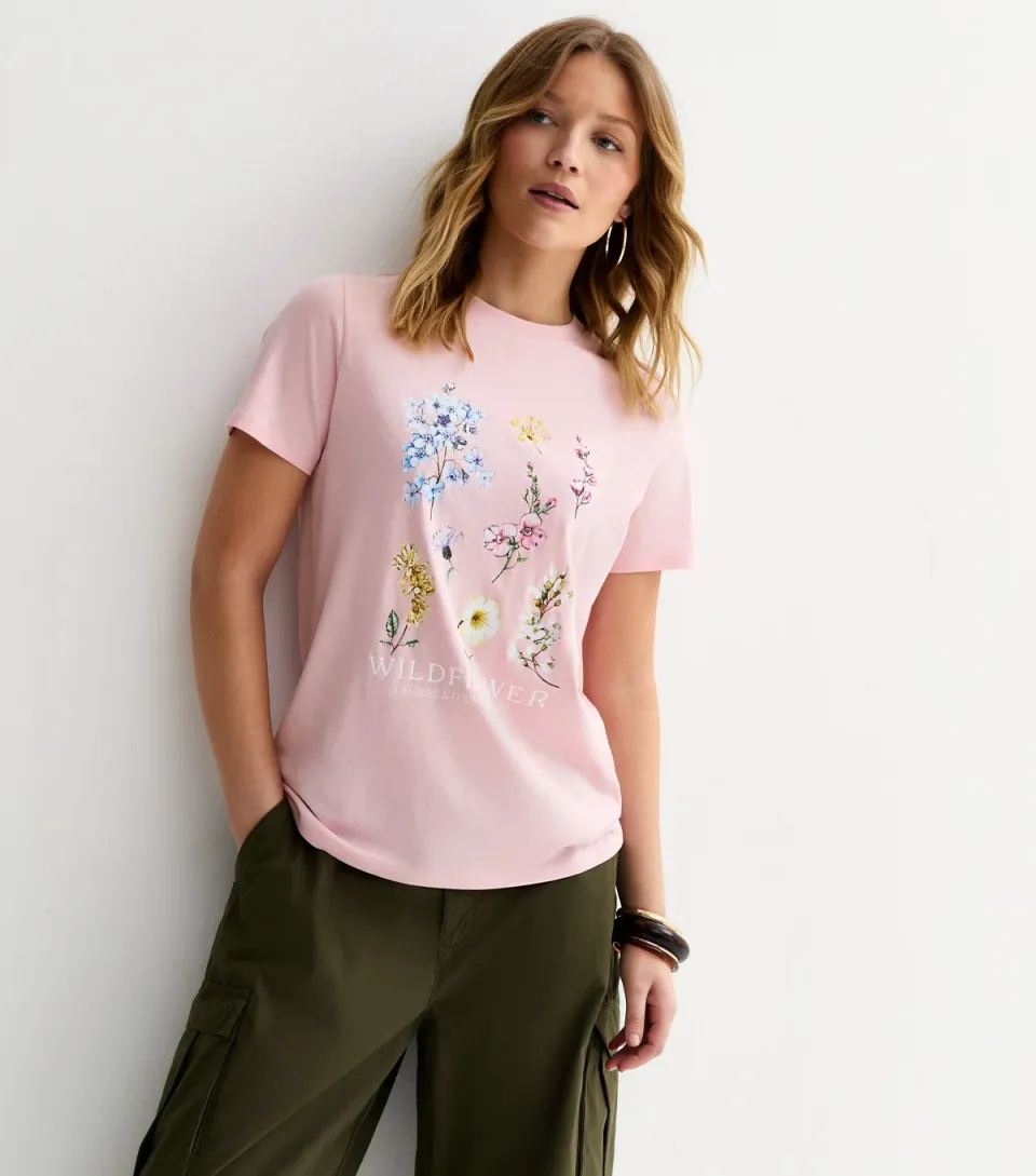 Women's Light Pink Cotton Wildflower Print T-Shirt