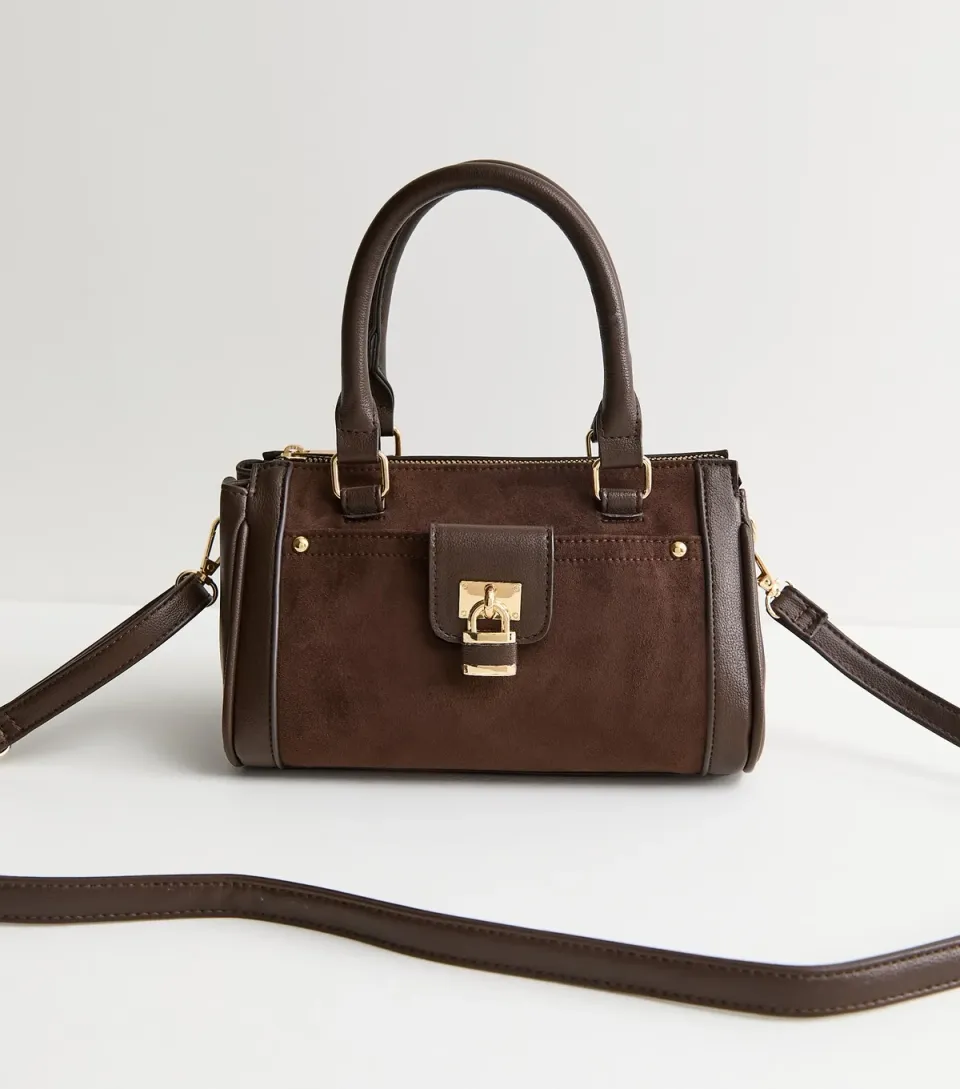 Dark Brown Faux Brushed Leather Padlock Crossbody Bag