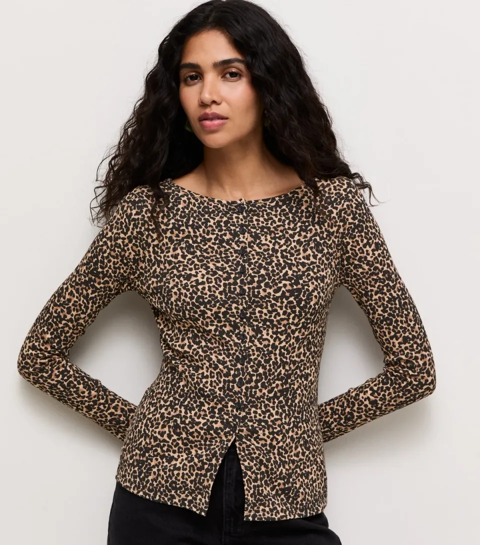 Women's Brown Animal Print Button Through Long Sleeve Top