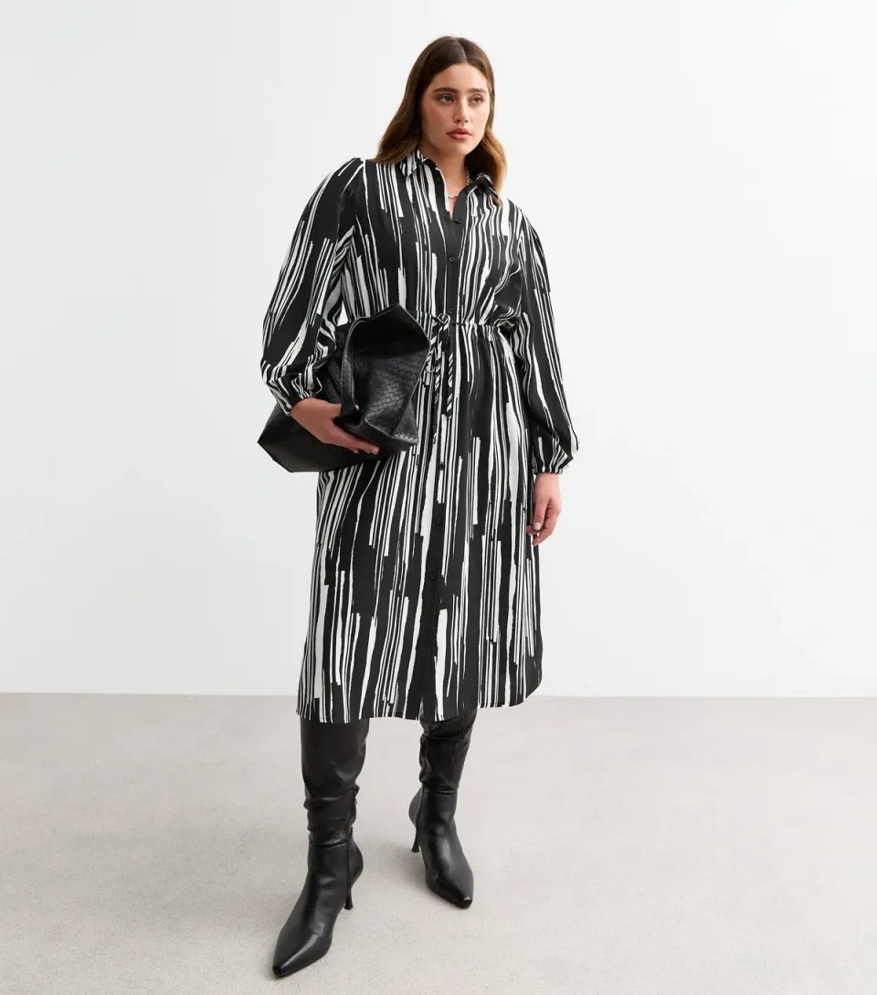 Women's Plus Size Black Striped Midi Shirt Dress Curves