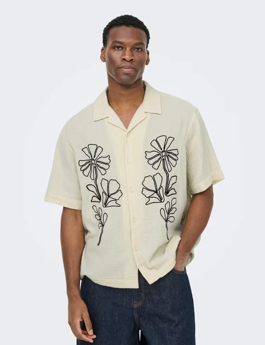 Relaxed Fit Pure Cotton Embroidered Shirt White Mix