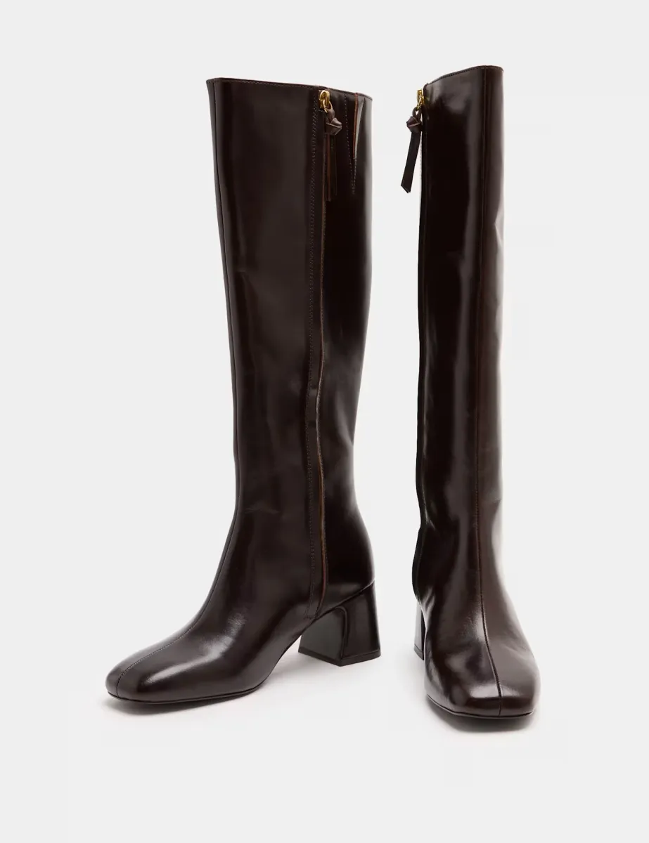 Square Toe Block Heel Knee High Boot Chocolate