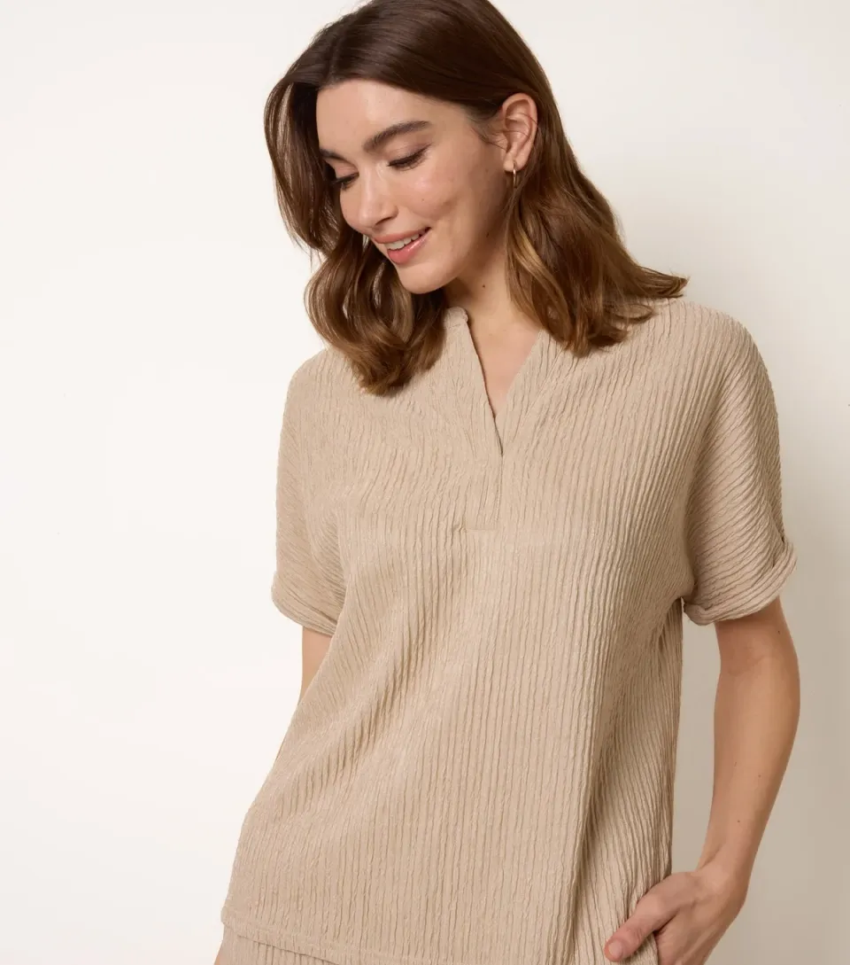 Women's Stone Ribbed Granddad Collar Top