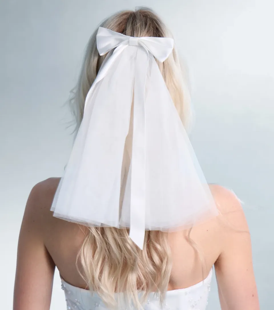 White Mesh Clip On Veil With Bow