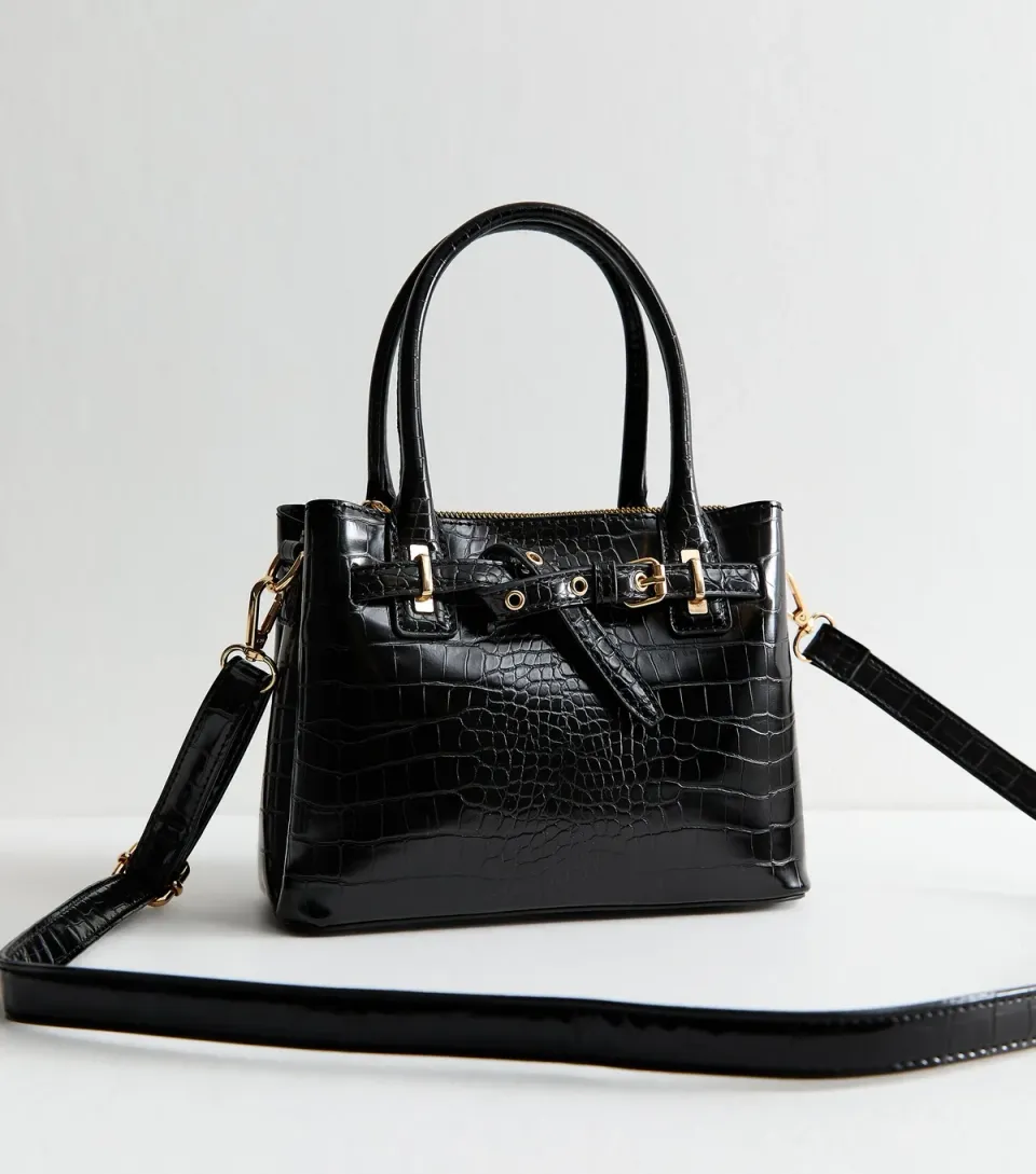 Black Patent Faux Leather Crocodile Embossed Mini Crossbody Bag Vegan